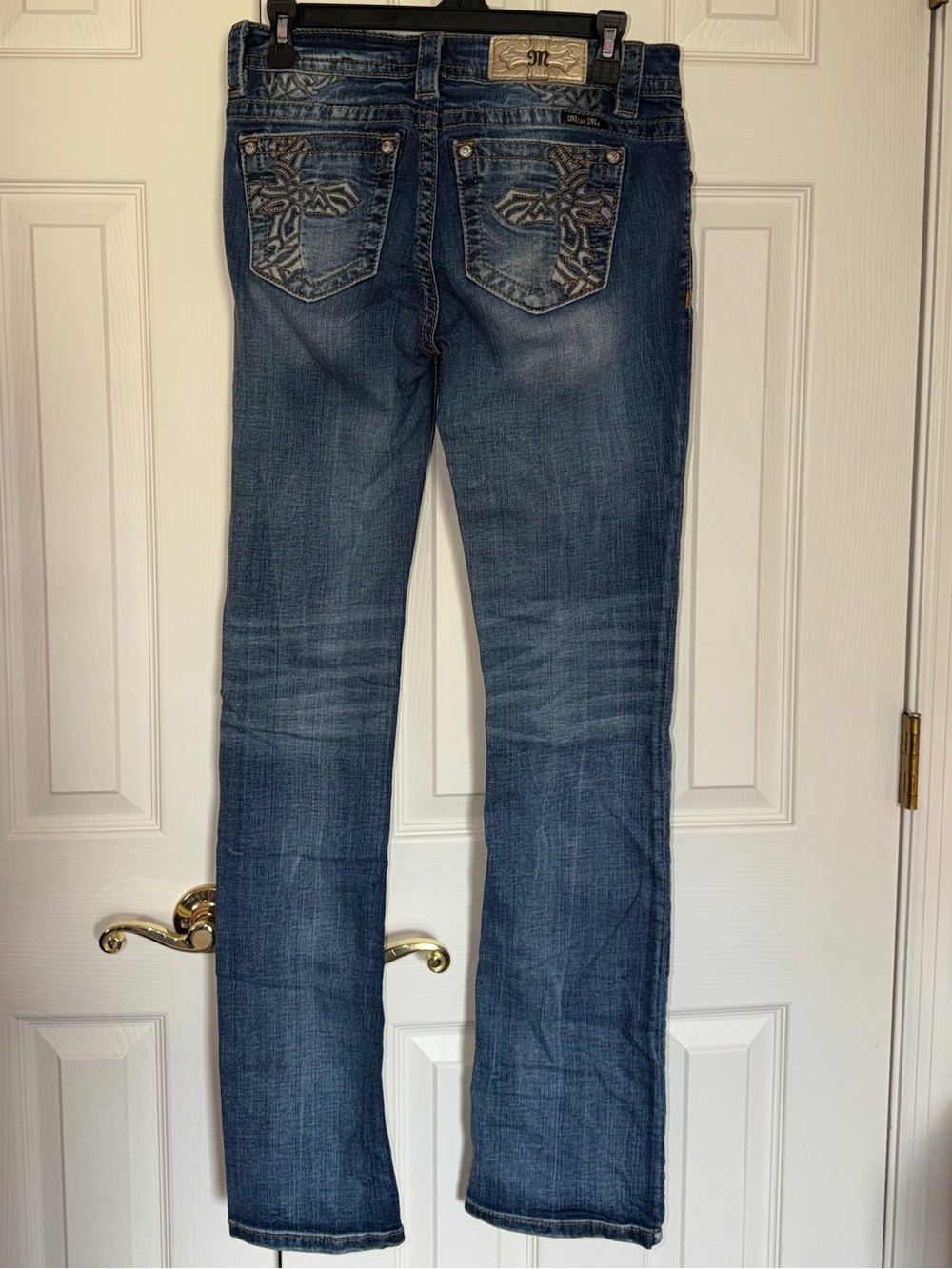 Miss Me Medium Blue Straight Leg Jeans mid- rise slim boot